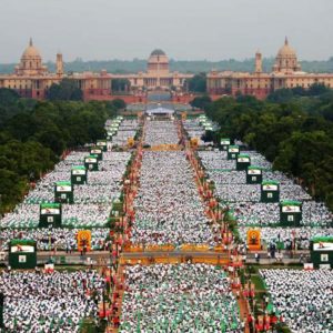 In this handout photograph released by the Ministry of Defence (MOD) on June 21, 2015, thousands of participants perform yoga on Rajpath in New Delhi. Prime Minister Narendra Modi hailed the first International Yoga Day as a "new era of peace", moments before he surprised thousands in New Delhi by taking to a mat himself to celebrate the ancient Indian practice.  AFP PHOTO/MOD  ----EDITORS NOTE---- RESTRICTED TO EDITORIAL USE - MANDATORY CREDIT  - "AFP PHOTO/MOD" - NO MARKETING NO ADVERTISING CAMPAIGNS - DISTRIBUTED AS A SERVICE TO CLIENTS-----------MOD/AFP/Getty Images